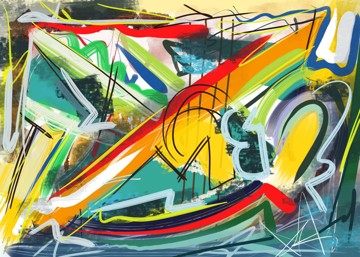 Obra abstrata Devaneio, de Kika Magalhães, com gestos coloridos e linhas em movimento