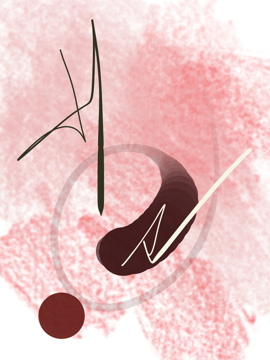 Obra abstrata Mundo Rosa, de Kika Magalhães, em tons rosados, vinho e preto